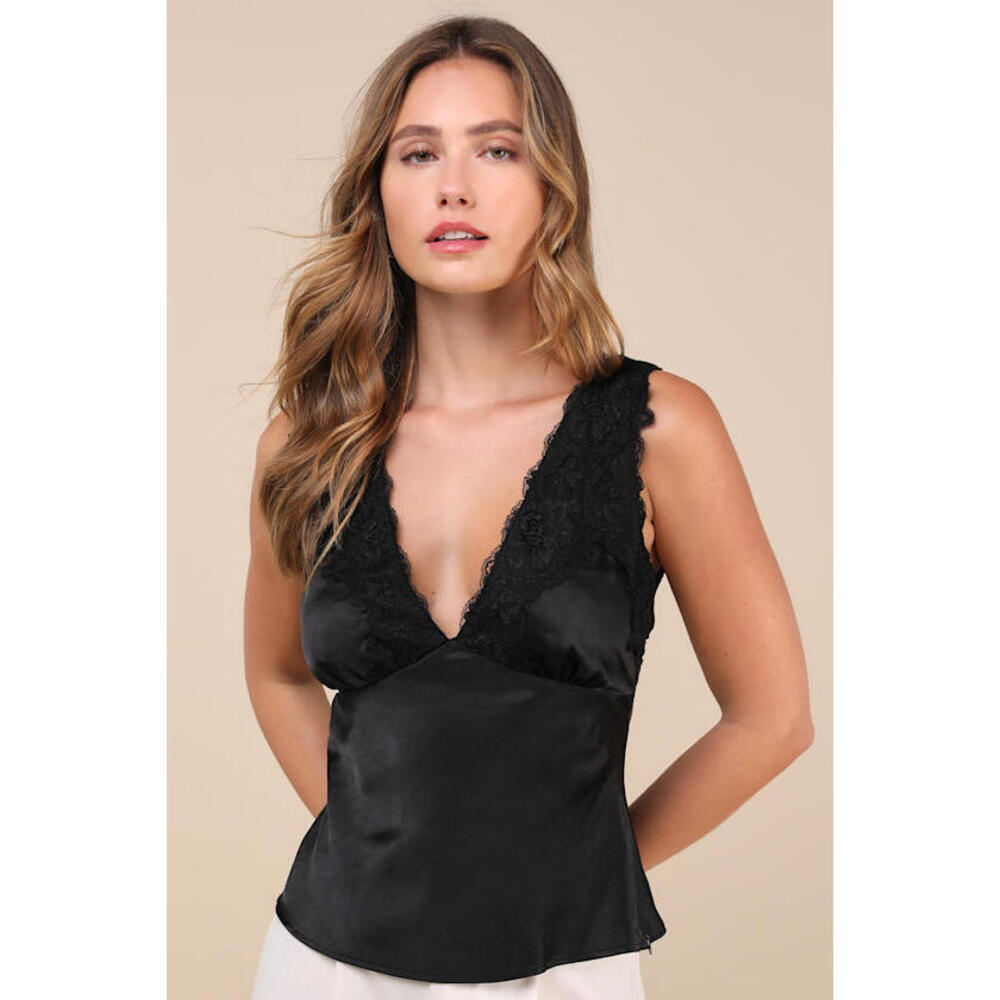 Lulus Wildly Perfect Black Satin Lace V-neck Tank Top - Size S